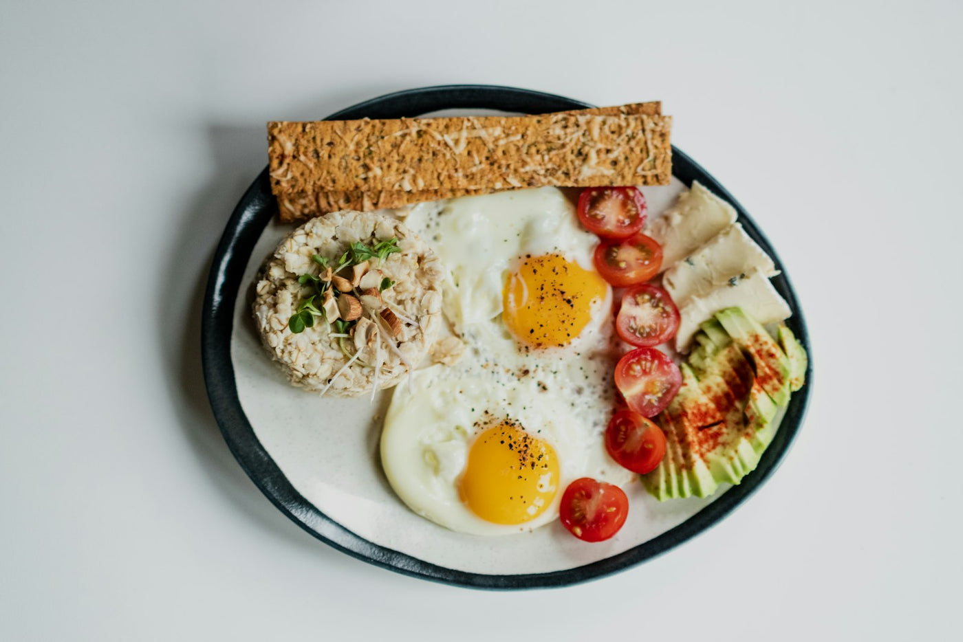 A plate of eggs, tomatoes and wholegrain toast