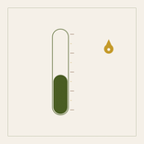 Restora Clinic emblem for at-home blood testing: a graduated olive sample column with measurement marks beside a single mustard droplet, on cream.