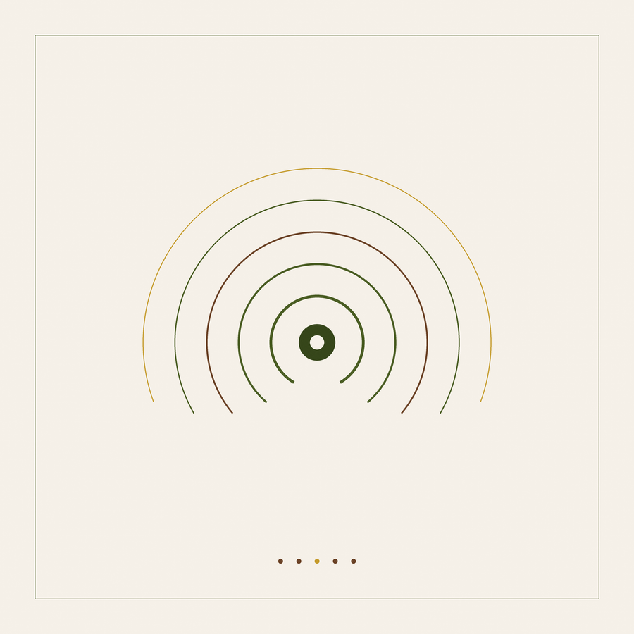 Restora Clinic emblem for the first consultation: concentric arcs opening outward from a single point, in olive, warm brown and mustard on cream.
