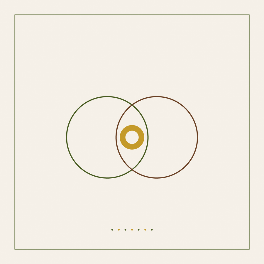 Restora Clinic emblem for follow up appointments: two overlapping rings in olive and warm brown meeting at a mustard centre, on cream.