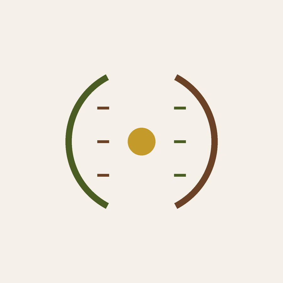Restora Clinic emblem for the blood test results review: two arcs facing each other in olive and warm brown with a mustard result between them, on cream.